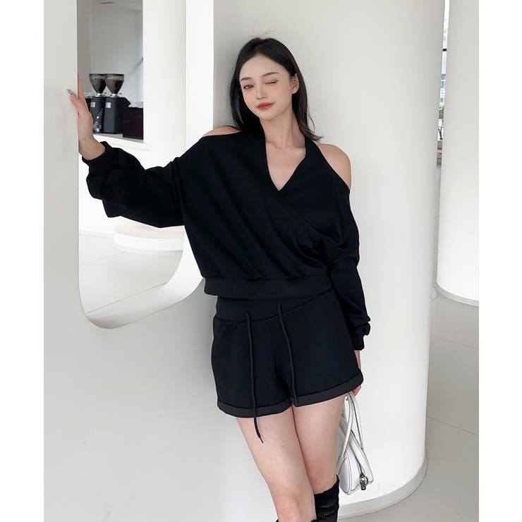 ブラック | 【Jasmine】肩見せスウェット+ウェットショートパンツ | aimoha 