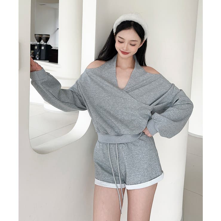 グレー | 【Jasmine】肩見せスウェット+ウェットショートパンツ | aimoha 