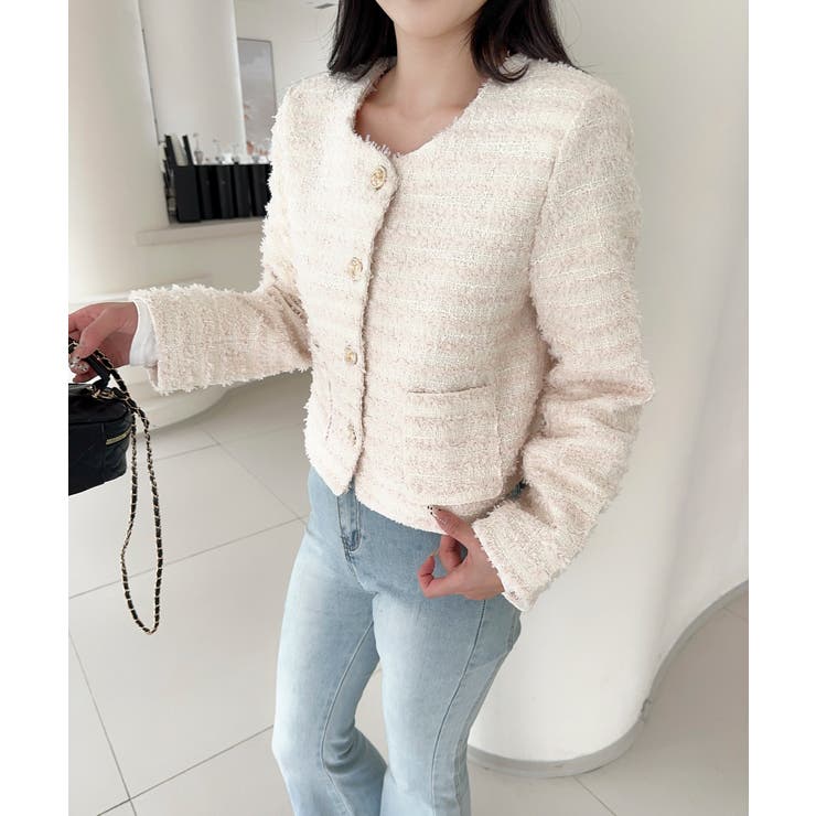 アイボリー | フリンジノーカラージャケット Jasmine Grandiflorum | aimoha 