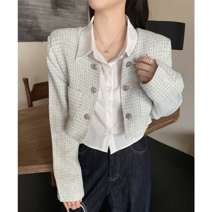 ライトグレー | 【Jasmine】千鳥柄ノンカラージャケット＋グロップドシャツベスト | aimoha 