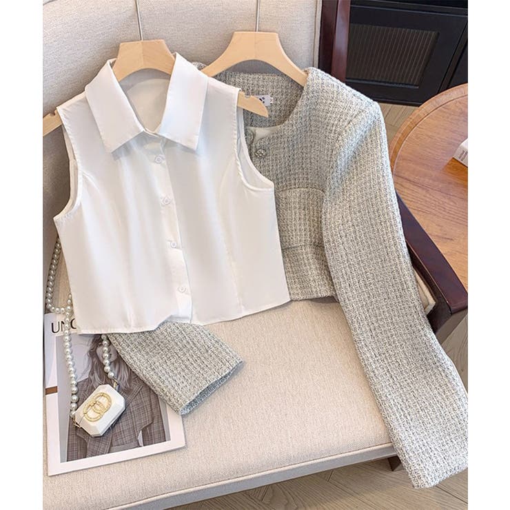 【Jasmine】千鳥柄ノンカラージャケット＋グロップドシャツベスト | aimoha  | 詳細画像13 