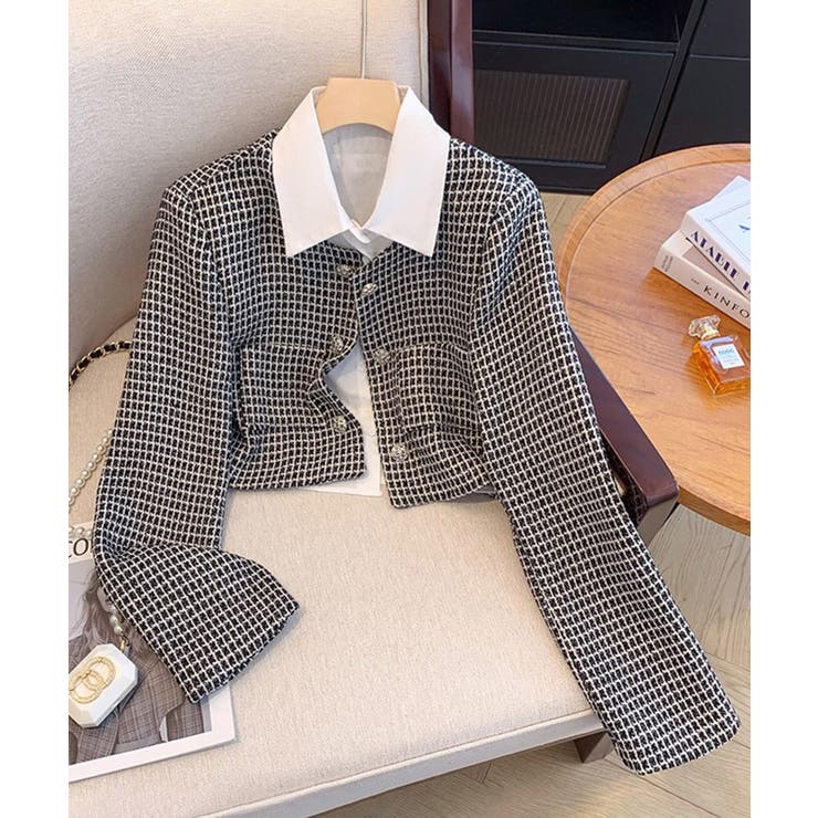 【Jasmine】千鳥柄ノンカラージャケット＋グロップドシャツベスト | aimoha  | 詳細画像5 