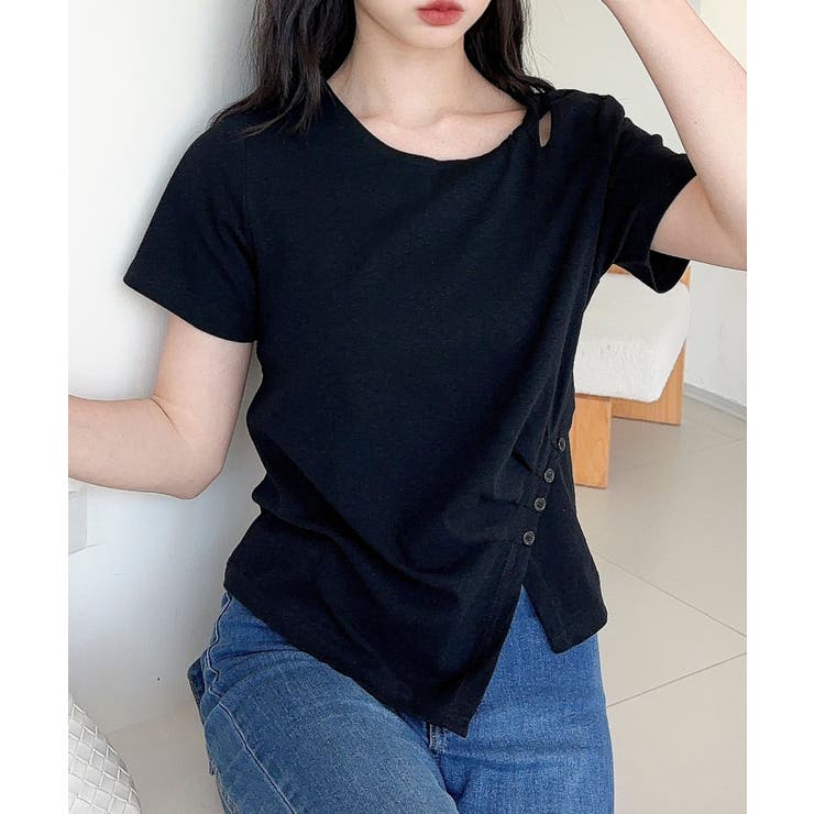 ブラック | 【Jasmine】カットアウトアシメトリーデザインTシャツ | aimoha 