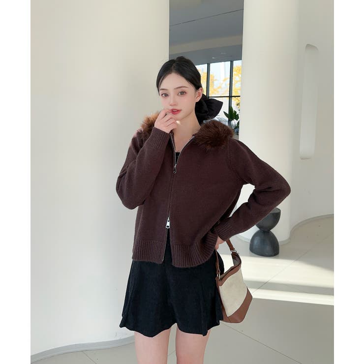 【Jasmine】ボリュームファーフードニットジップアップパーカー | aimoha  | 詳細画像7 