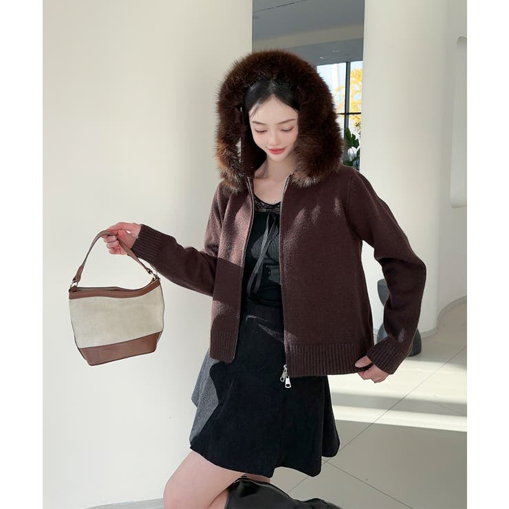 【Jasmine】ボリュームファーフードニットジップアップパーカー | aimoha  | 詳細画像6 