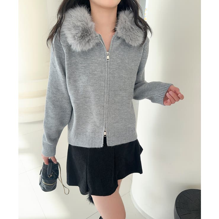 グレー | 【Jasmine】ボリュームファーフードニットジップアップパーカー | aimoha 