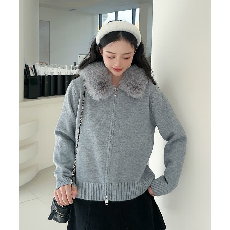 【Jasmine】ボリュームファーフードニットジップアップパーカー | aimoha  | 詳細画像1 