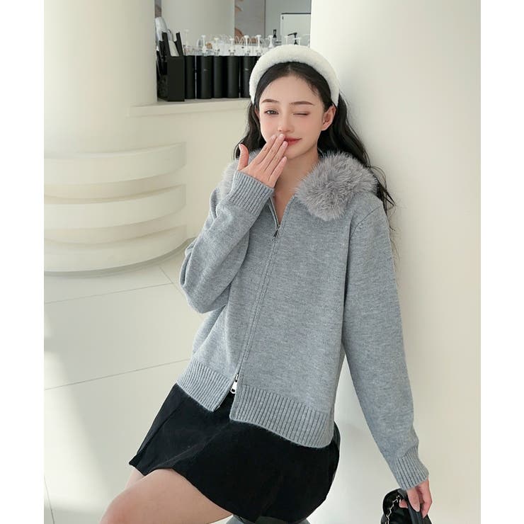 【Jasmine】ボリュームファーフードニットジップアップパーカー | aimoha  | 詳細画像2 