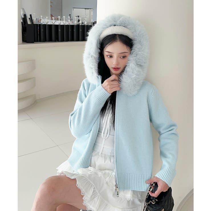 ブルー | 【Jasmine】ボリュームファーフードニットジップアップパーカー | aimoha 