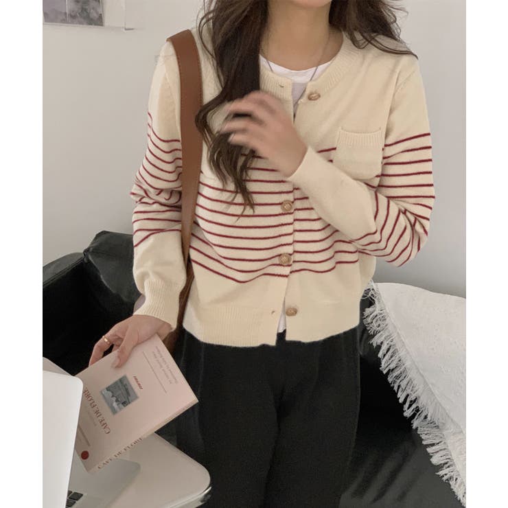 レッド | ボーダー柄カーディガン ニット 丸首 | aimoha 