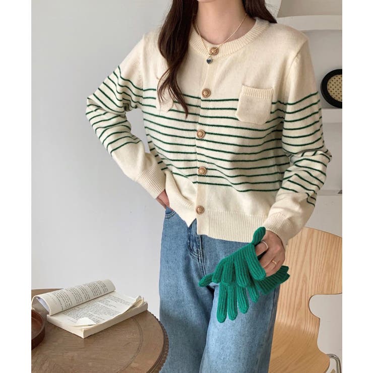 グリーン | ボーダー柄カーディガン ニット 丸首 | aimoha 