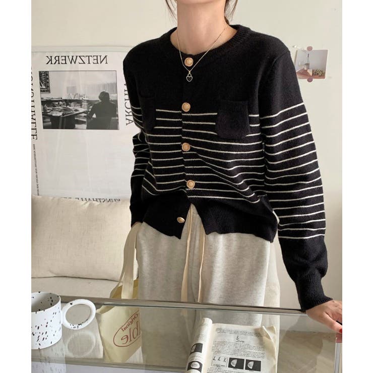 ブラック | ボーダー柄カーディガン ニット 丸首 | aimoha 