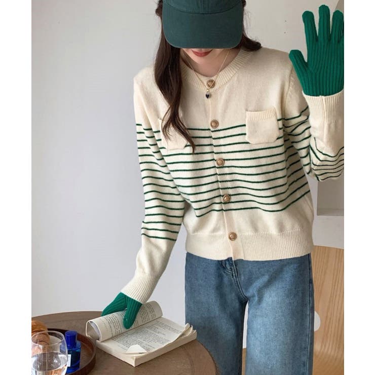 ボーダー柄カーディガン ニット 丸首 | aimoha  | 詳細画像12 