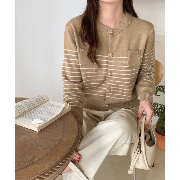 ボーダー柄カーディガン ニット 丸首 | aimoha  | 詳細画像15 