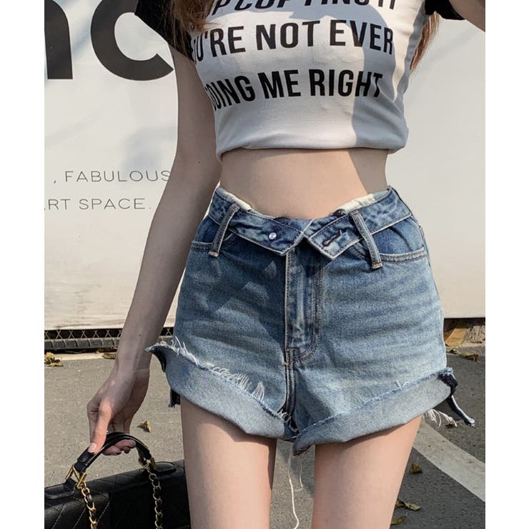 ロールウエストショートデニムパンツ ショートパンツ 韓国ファッション | aimoha  | 詳細画像2 