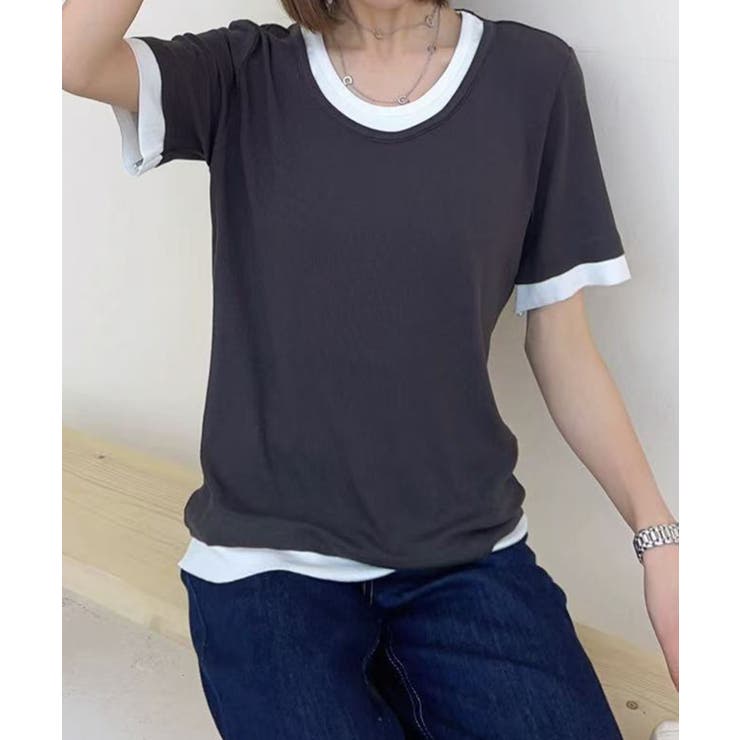 ダークグレー | リブ配色Tシャツ | aimoha 