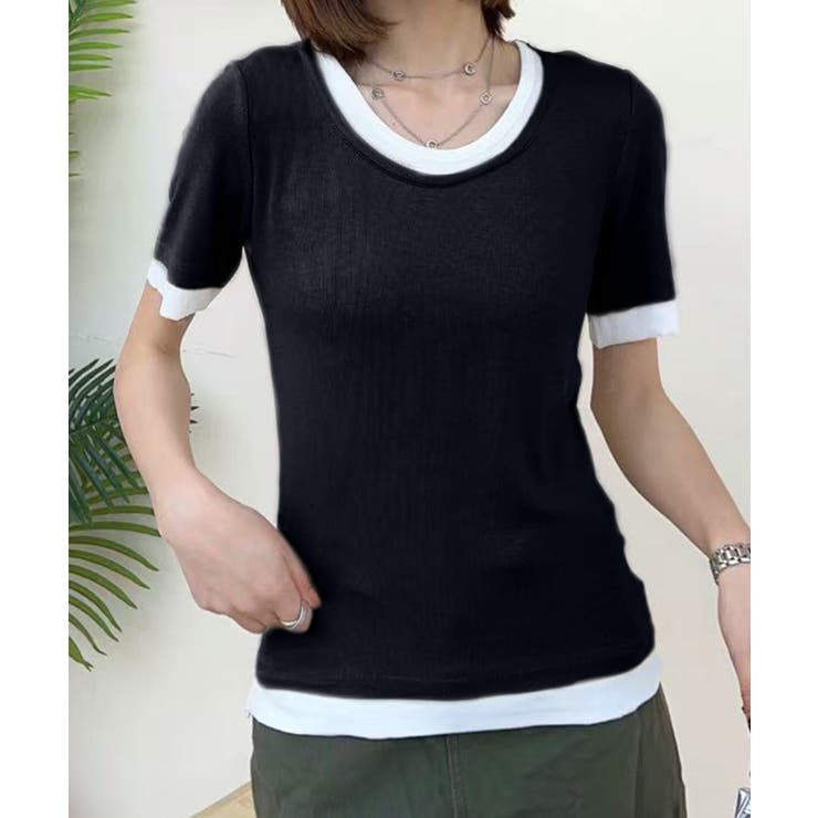 ブラック | リブ配色Tシャツ | aimoha 