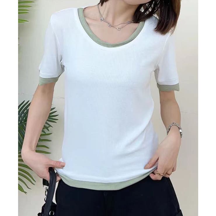 ホワイト | リブ配色Tシャツ | aimoha 