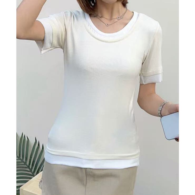 ライトベージュ | リブ配色Tシャツ | aimoha 