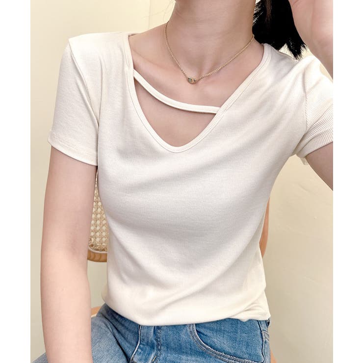 ホワイト | 【Banico】クロスデザインVネック半袖トップス | aimoha 