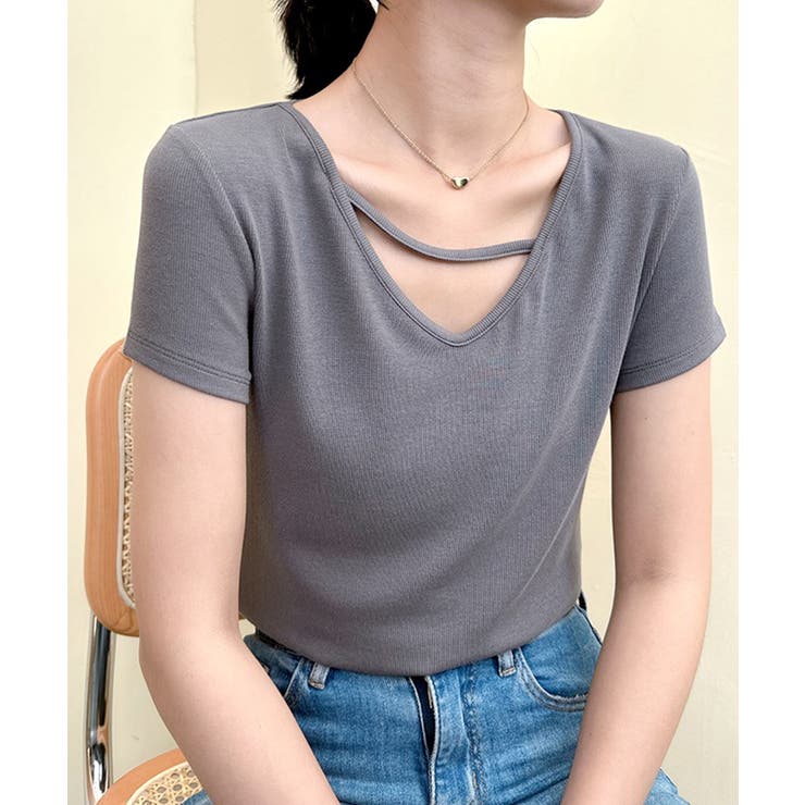 グレー | 【Banico】クロスデザインVネック半袖トップス | aimoha 