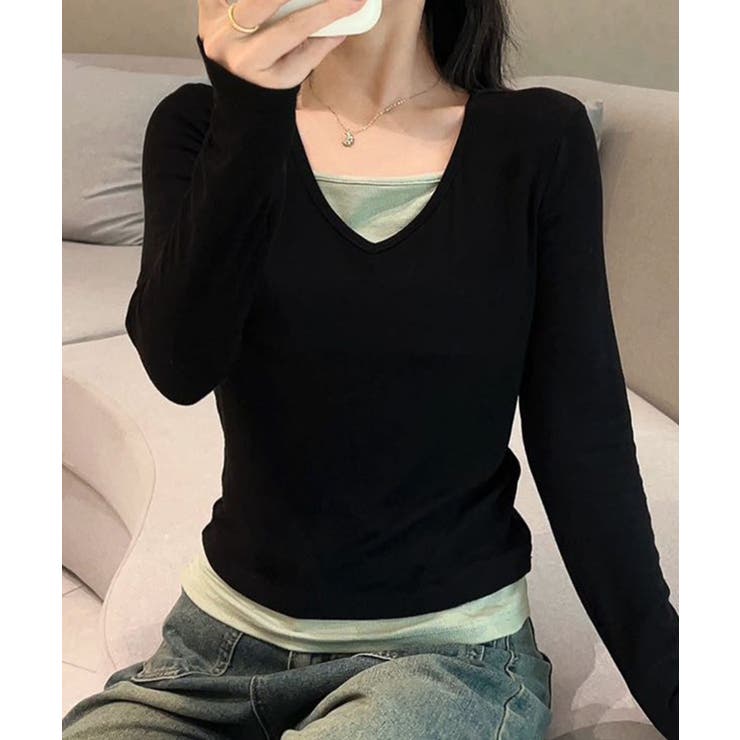 Vネック長袖リブトップス | aimoha  | 詳細画像1 