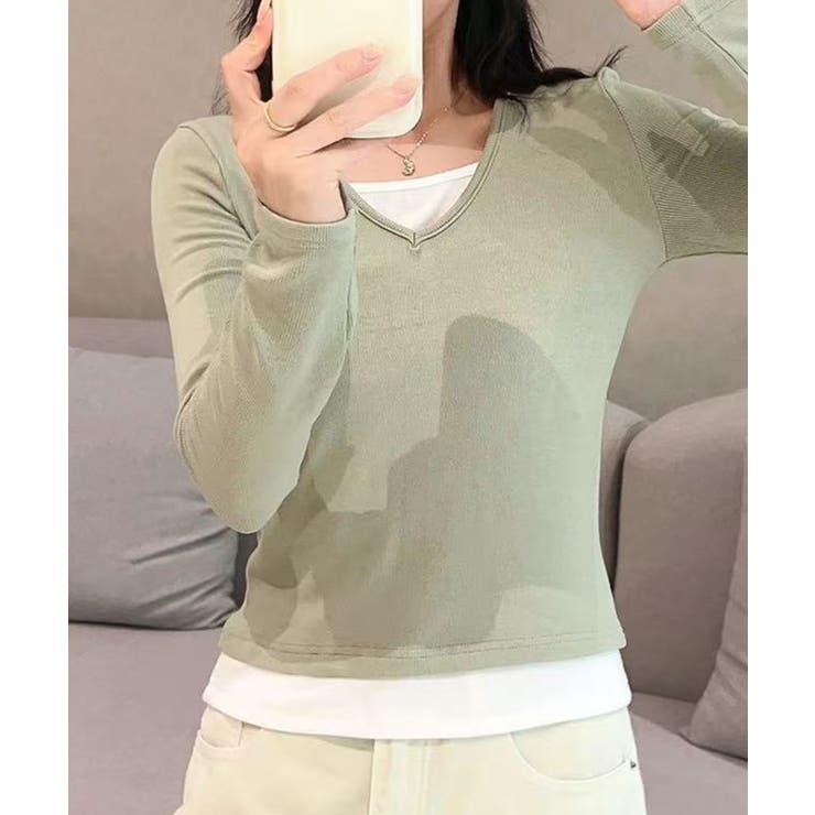 グリーン | Vネック長袖リブトップス | aimoha 