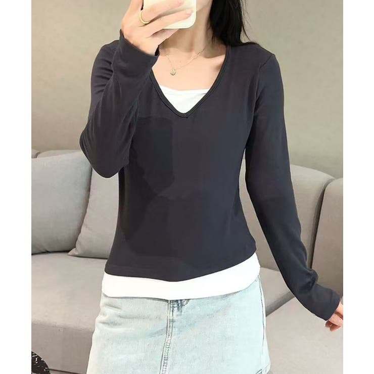 ダークグレー | Vネック長袖リブトップス | aimoha 