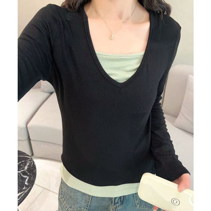 Vネック長袖リブトップス | aimoha  | 詳細画像2 
