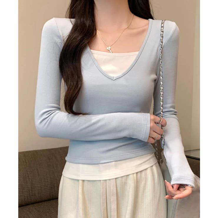 ライトブルー | Vネック長袖リブトップス | aimoha 