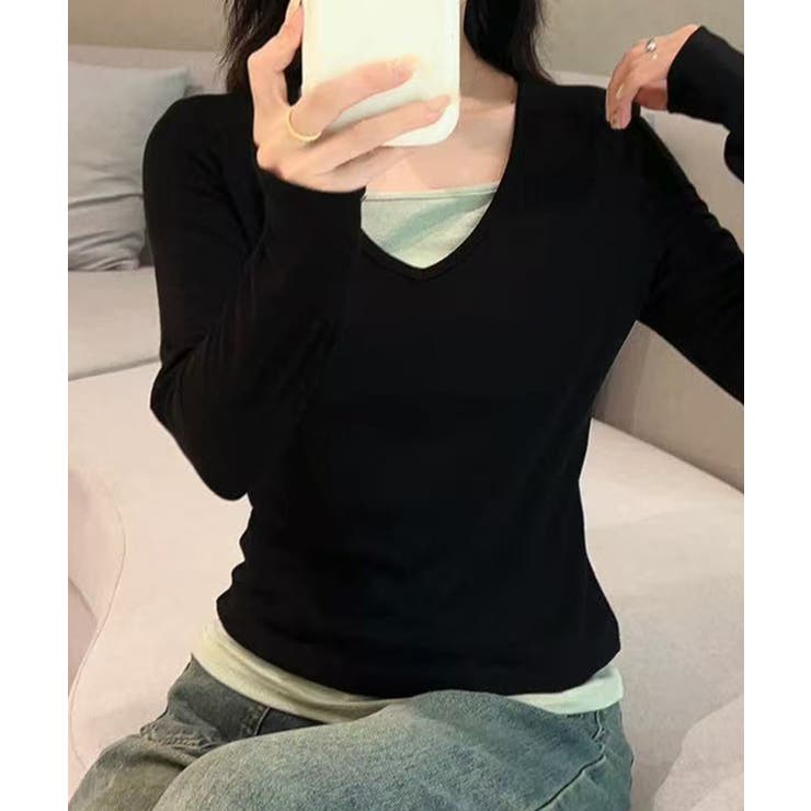 Vネック長袖リブトップス | aimoha  | 詳細画像3 