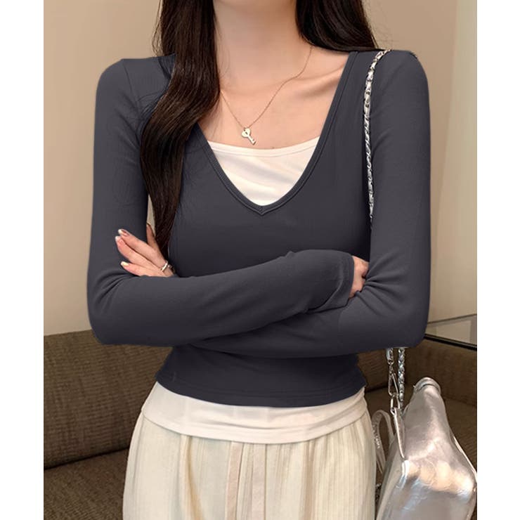 Vネック長袖リブトップス | aimoha  | 詳細画像8 