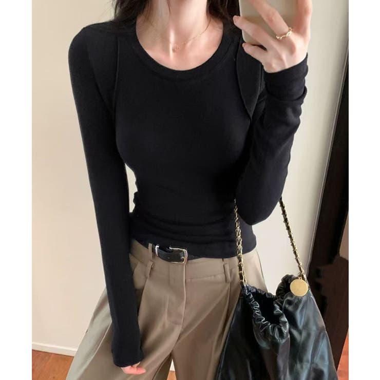 ブラック | シンプルリブロングスリーブ | aimoha 