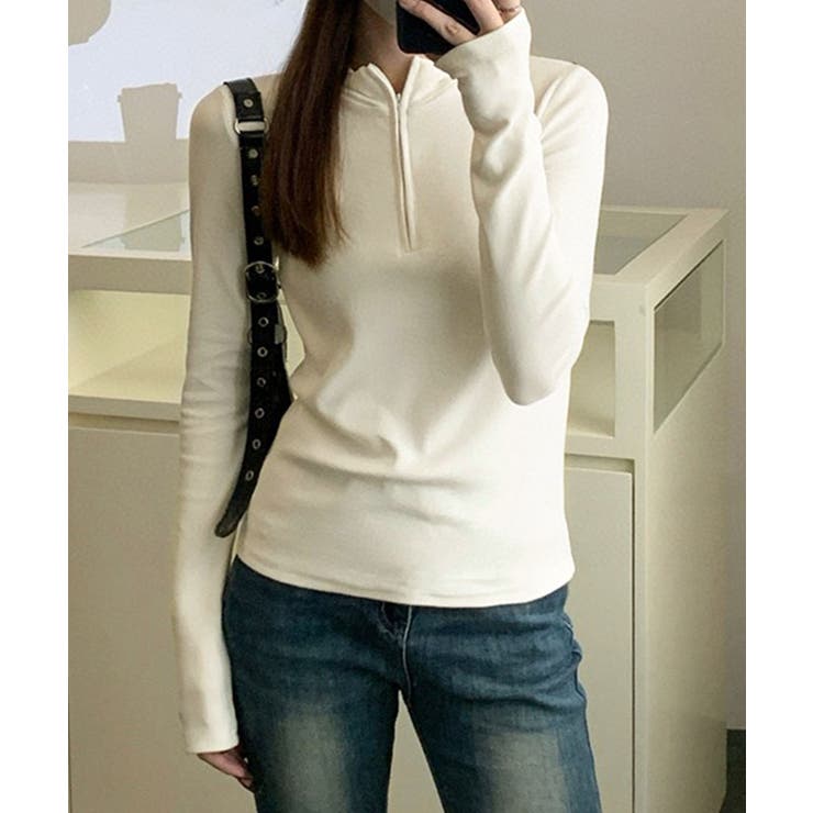 オフホワイト | シンプルフィットハーフジップトップス | aimoha 