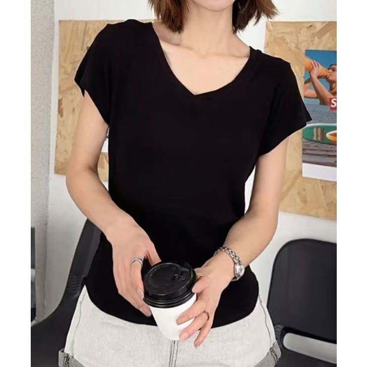 VネックリブフレンチTシャツ | aimoha  | 詳細画像1 