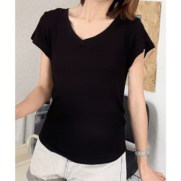 ブラック | VネックリブフレンチTシャツ | aimoha 