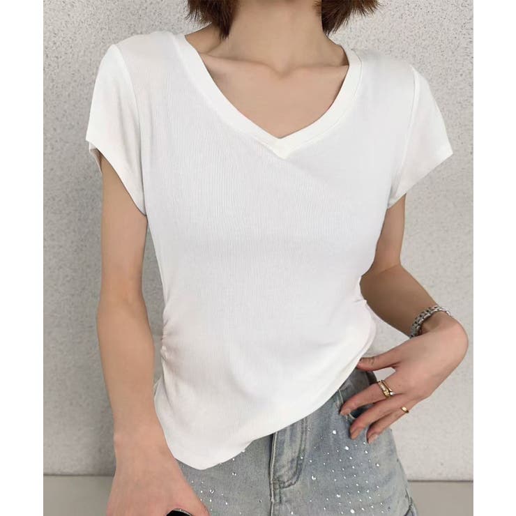 ホワイト | VネックリブフレンチTシャツ | aimoha 