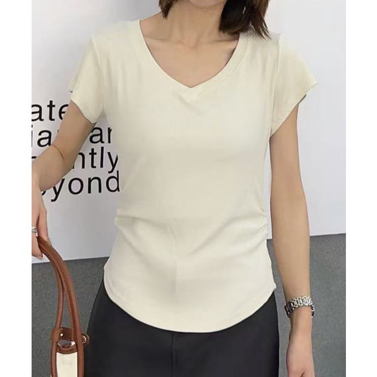 ライトベージュ | VネックリブフレンチTシャツ | aimoha 