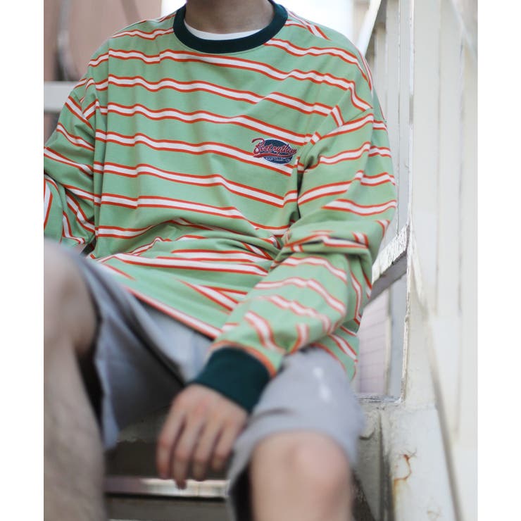 商品画像：アメカジワッペン刺繍配色ボーダーリンガーロングTEE ストリート 1