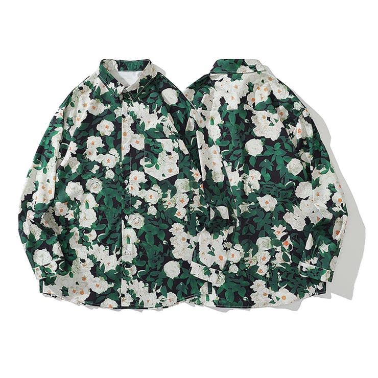 シャツ【HOOK】グリーン 古着風総柄デザイン 長袖シャツ | HOOK | 詳細画像1 