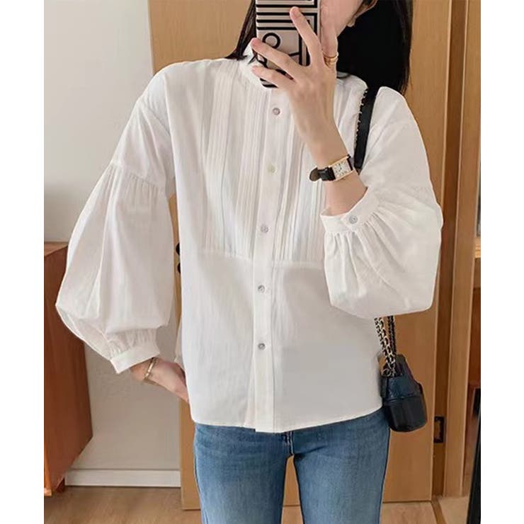 ホワイト | ピンタックデザインボリュームスリーブシャツ | aimoha 