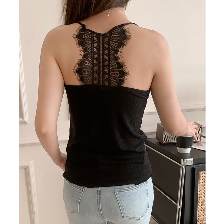 ブラック | レースディテールVネックキャミソール | aimoha 