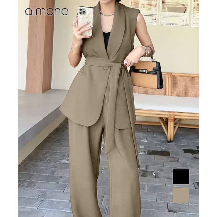 aimoha リボンタイベルトロングジレ＋ワイドパンツセットアップ | aimoha  | 詳細画像1 