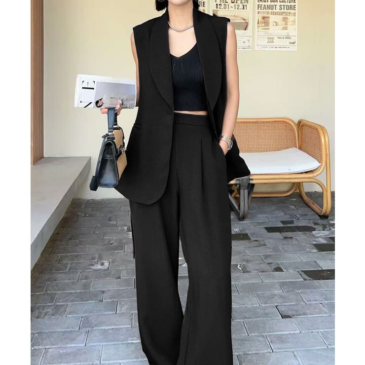 ブラック | aimoha リボンタイベルトロングジレ＋ワイドパンツセットアップ | aimoha 