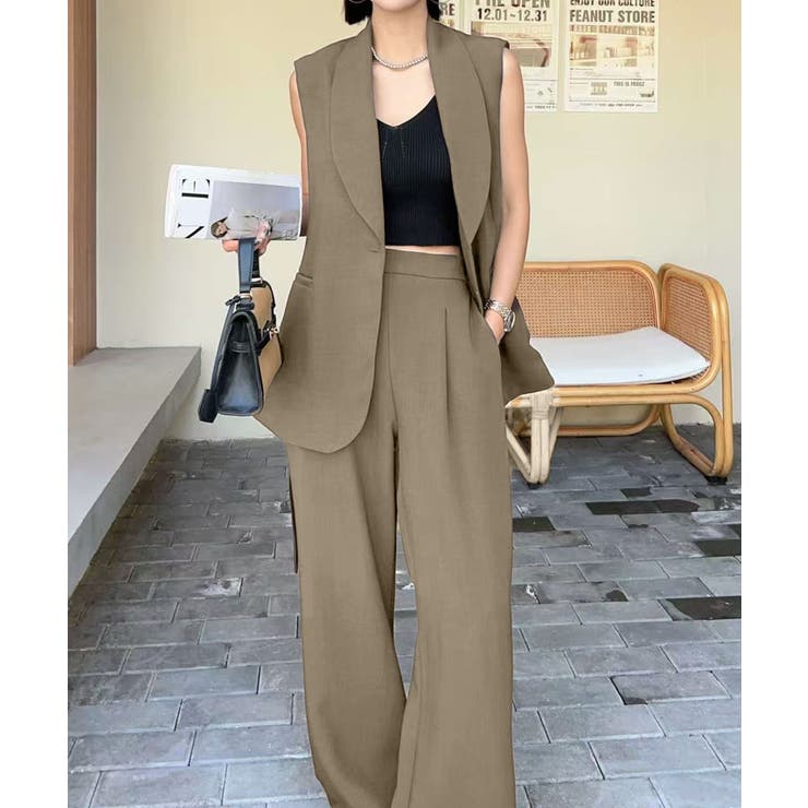 ベージュ | aimoha リボンタイベルトロングジレ＋ワイドパンツセットアップ | aimoha 