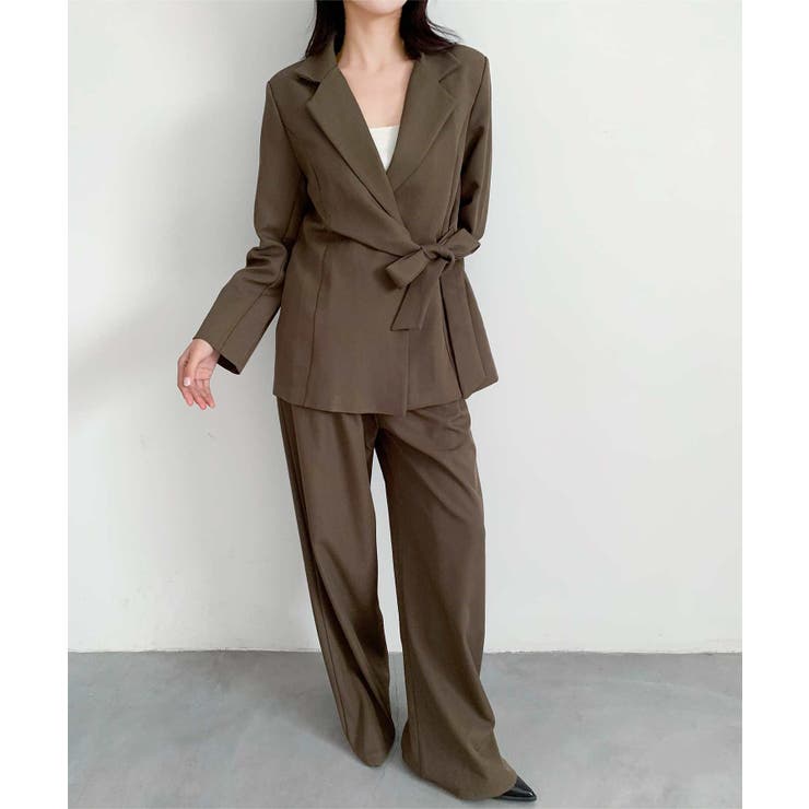 ダークベージュ | aimoha ウエストリボンテーラードジャケット＋ワイドパンツセットアップスーツ | aimoha 