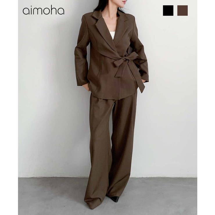 aimoha ウエストリボンテーラードジャケット＋ワイドパンツセットアップスーツ | aimoha  | 詳細画像1 