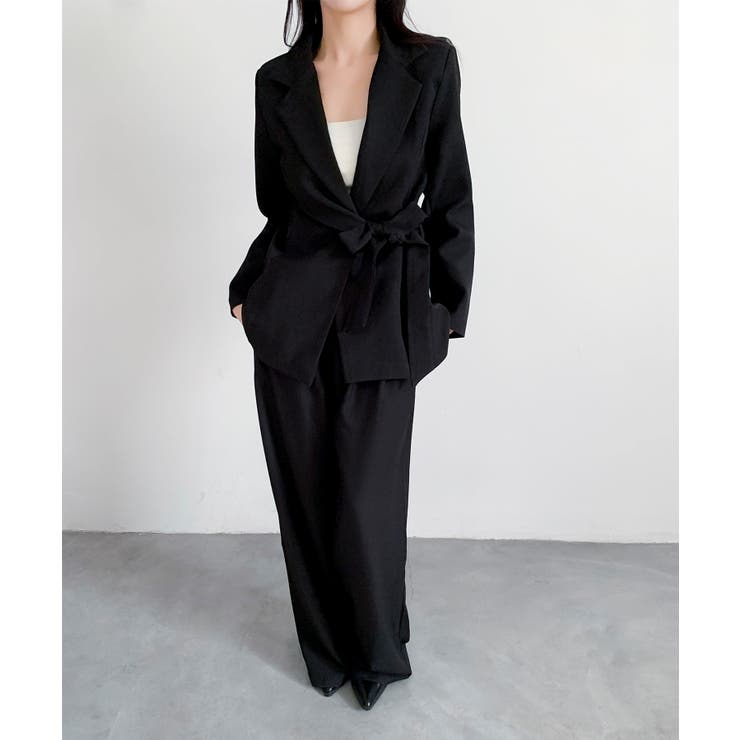 ブラック | aimoha ウエストリボンテーラードジャケット＋ワイドパンツセットアップスーツ | aimoha 