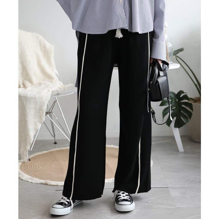 ブラック | ラインデザインカジュアルニットパンツ | aimoha 