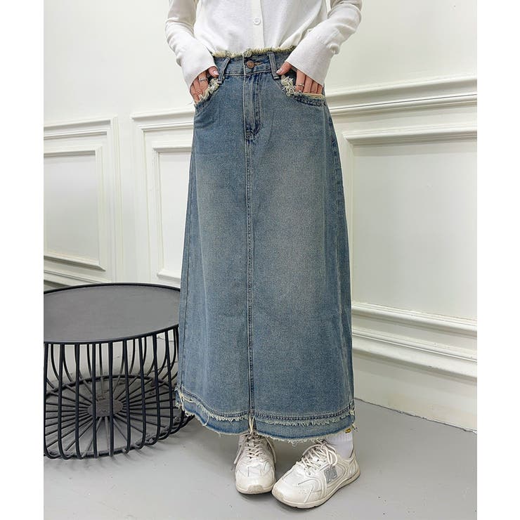 【aimoha】フリンジヘムデニムマキシスカート | aimoha  | 詳細画像1 